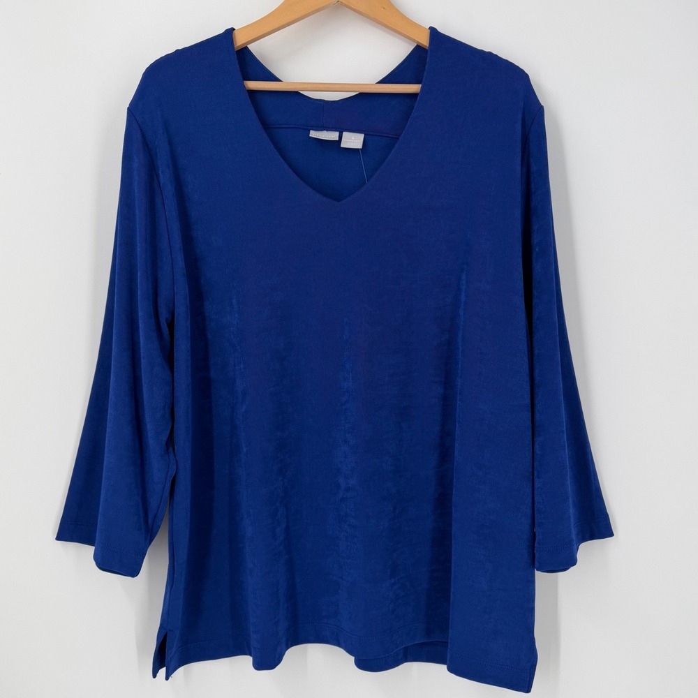 Chico's Travelers Crystal V 3/4 SLV Top Seafaring Blue Size 4 US 20/22 NEW